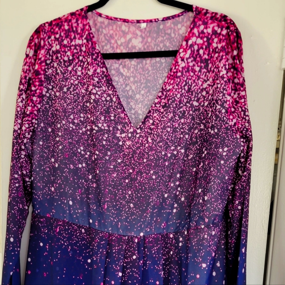 Semi-formal mid-calf length pink and purple multicolored dress. Size 16 NWOT